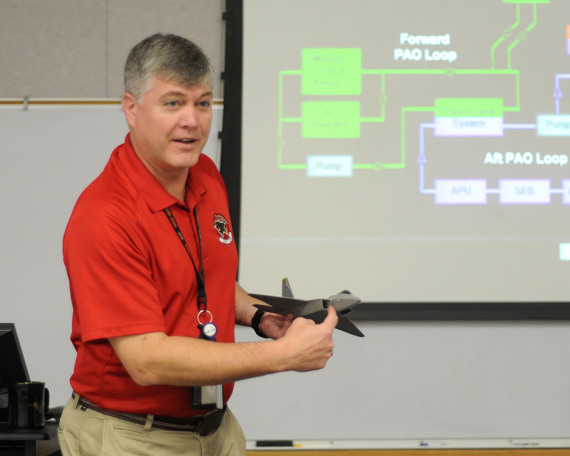 Robert Hinkle, 325th Training Support Squadron director of operations, instructs students on the F-22 Raptor courseware. (Courtesy photo)