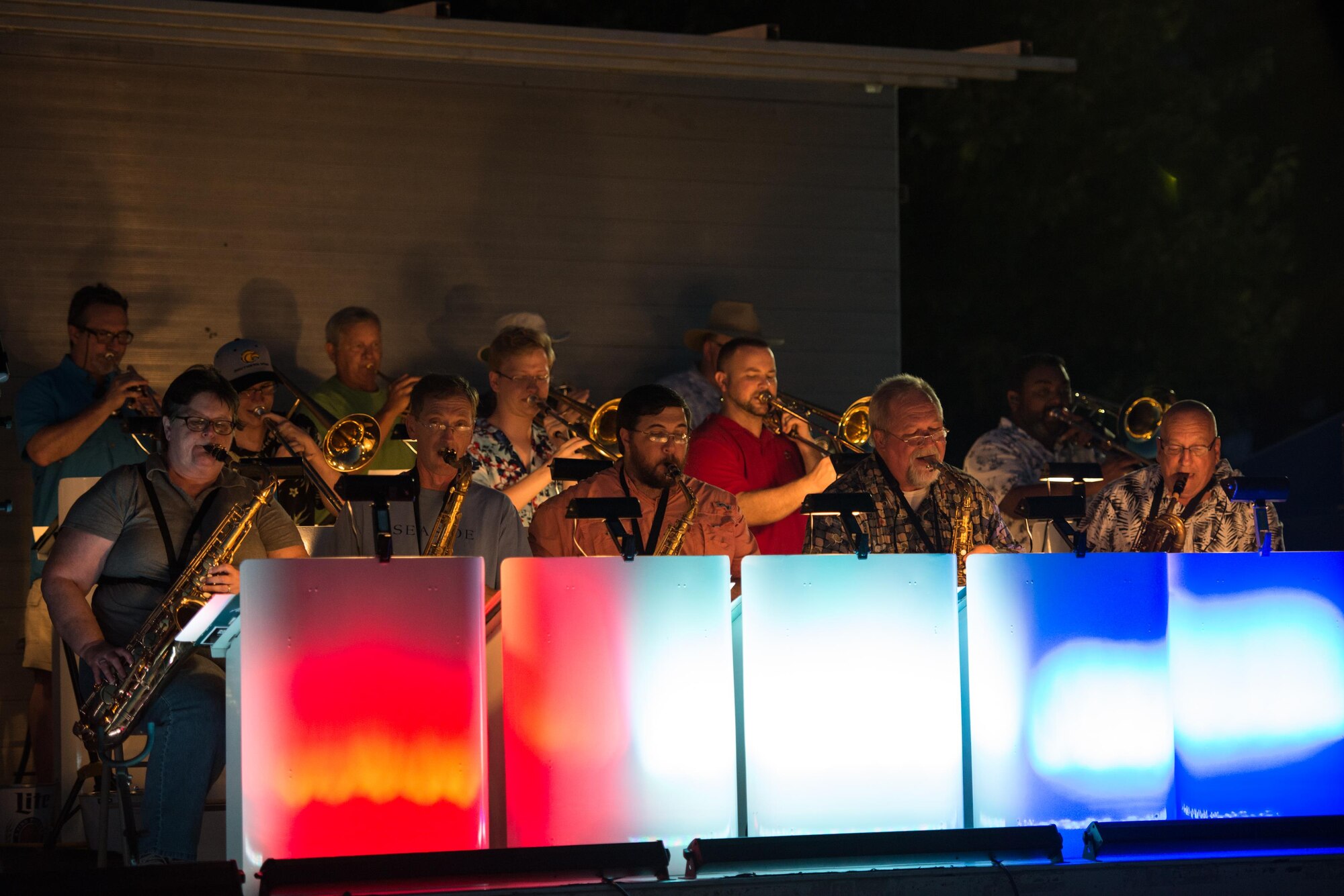 The Coast Big Band performs during the Celebration of Our Nation event at Marina Park July 2, 2016, on Keesler Air Force Base, Miss. The event also included a golf scramble, mullet toss and fireworks display. (U.S. Air Force photo by Marie Floyd/Released)