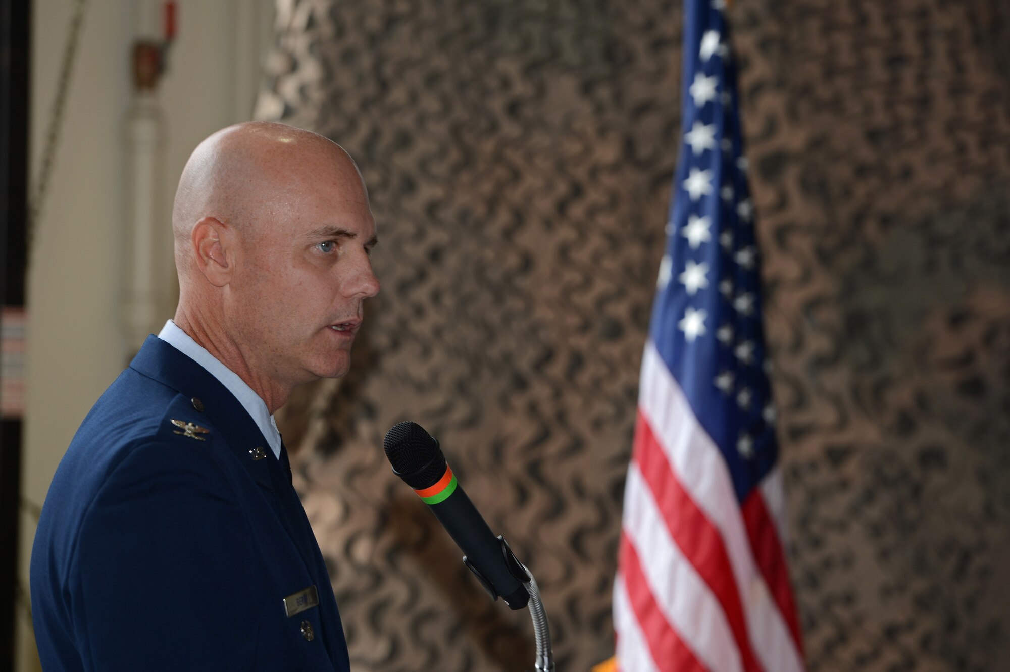 Col. Jon Berry, 1st Air Support Operations Group commander, thanks servicemembers, friends and family attending his change of command ceremony July 7, 2016, at Joint Base Lewis McChord, Wash. Berry comes to the Pacific Northwest from Joint Region Marianas, Guam, where he served as the director of operations. (U.S. Air Force photo/Senior Airman Jacob Jimenez) 