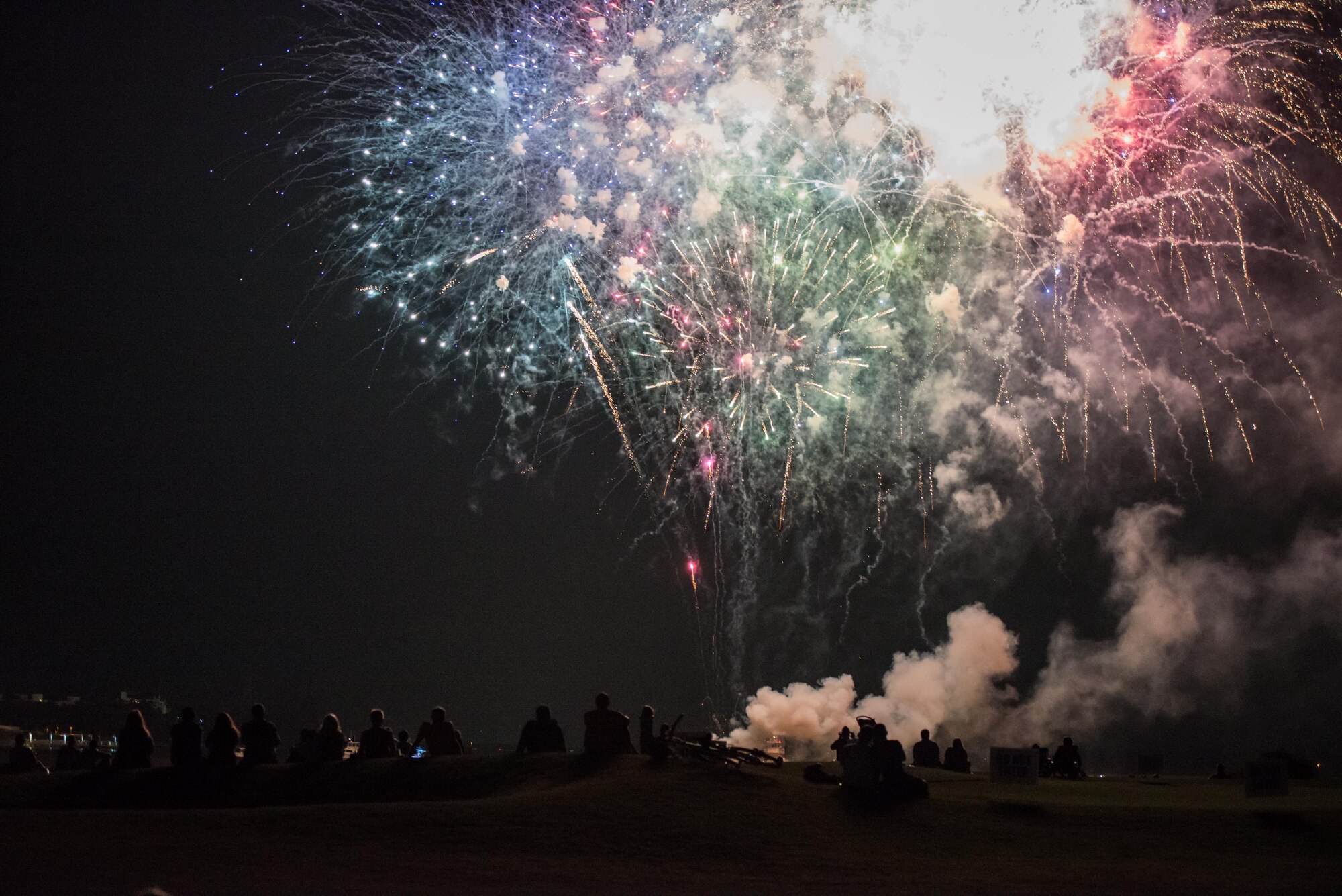 Keesler families watch a fireworks display during the Celebration of Our Nation event at Marina Park July 2, 2016, on Keesler Air Force Base, Miss. The event also included a golf scramble, mullet toss and music performances. (U.S. Air Force photo by Marie Floyd/Released)