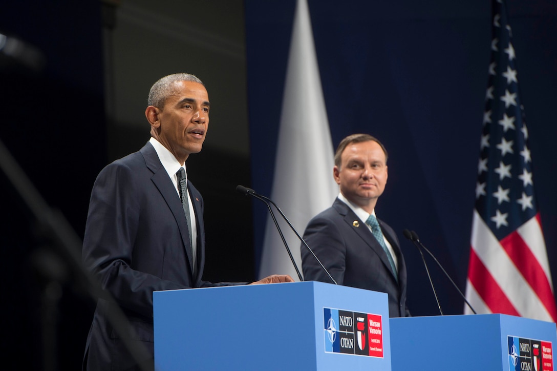 President Barack Obama, left, and Polish President Andrzej Duda address reporters at the NATO Summit in Warsaw, Poland, July 8, 2016. DoD photo by Navy Petty Officer 1st Class Tim D. Godbee