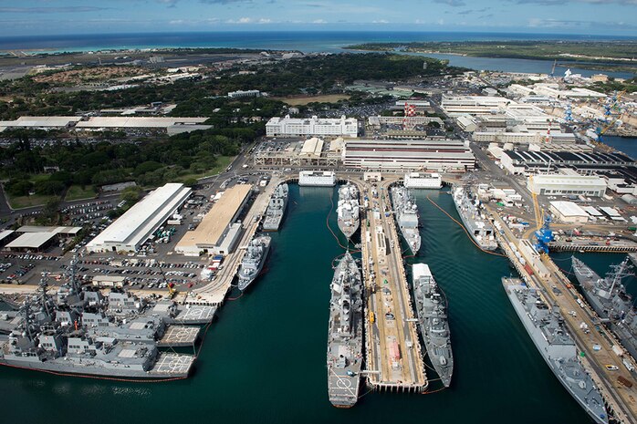 An aerial view of ships moored at Joint Base Pearl Harbor-Hickam for Rim of the Pacific 2016. Twenty-six nations, more than 40 ships and submarines, more than 200 aircraft, and 25,000 personnel are participating in RIMPAC from June 30 to Aug. 4, in and around the Hawaiian Islands and Southern California. The world's largest international maritime exercise, RIMPAC provides a unique training opportunity that helps participants foster and sustain the cooperative relationships that are critical to ensuring the safety of sea lanes and security on the world's oceans. RIMPAC 2016 is the 25th exercise in the series that began in 1971. 