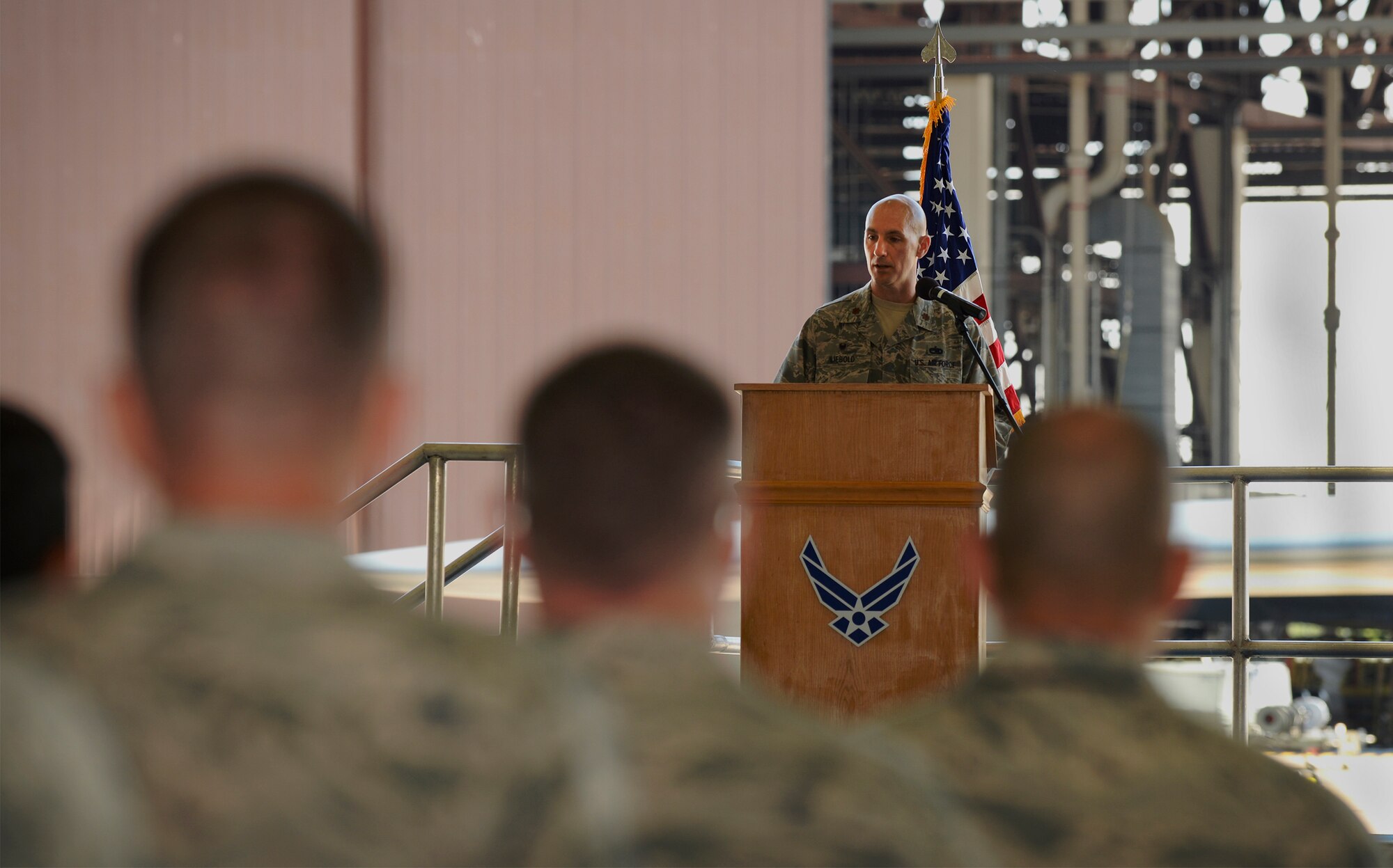 U.S. Air Force Maj. Timothy Liebold, the 509th Munitions Squadron commander, addresses the audience during a change of command ceremony at Whiteman Air Force Base, Mo., June 30, 2016. Liebold assumed command from U.S. Air Force Maj. Matthew Drossner. (U.S. Air Force photo by Senior Airman Sandra Marrero) 