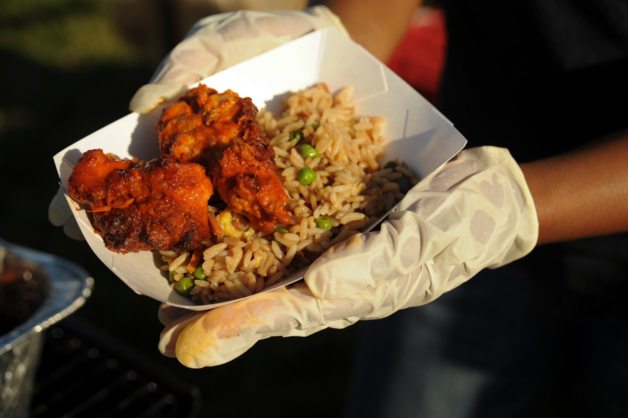 A 131st Medical Group member holds up a half order of buffalo and honey barbecue chicken wings with fried rice served at their tent during the Independence Day Celebration at Whiteman Air Force Base, Mo., June 30, 2016. The food and drinks were part of the celebration held at Ike Skelton Lake for Whiteman personnel and their families. (U.S. Air Force photo by Senior Airman Danielle Quilla)