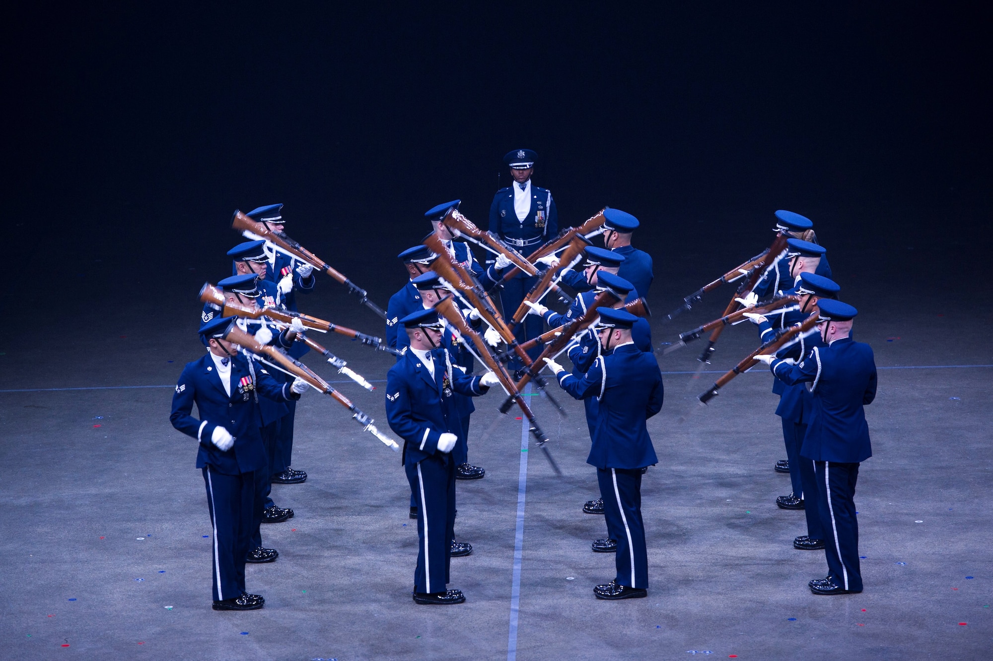 The U.S. Air Force Honor Guard Drill Team perform a “flat order” during their performance at the 2016 Royal Nova Scotia International Tattoo at the Scotiabank Centre in Halifax, Nova Scotia. The drill team was the only group representing the U.S. Other countries included Canada, Germany, Kenya, Switzerland and New Zealand. (U.S. Air Force photo by Senior Airman Ryan J. Sonnier)