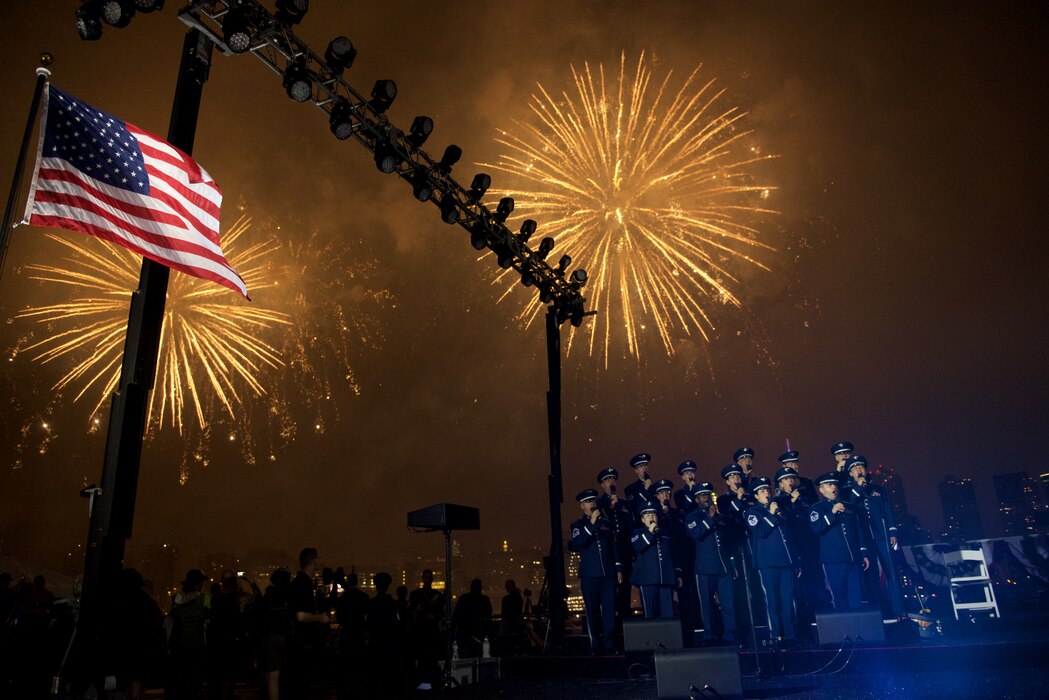 The United States Air Force Concert Band, Singing Sergeants, and Air Force Strings all teamed up for a performance at the Macy's 4th of July Fireworks display in New York City which aired on NBC. (USAF Photo by Chief Master Sgt Bob Kamholz/released)