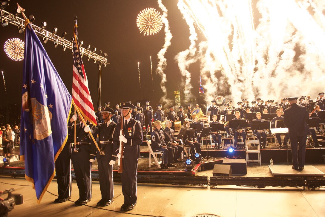 The United States Air Force Concert Band, Singing Sergeants, and Air Force Strings all teamed up for a performance at the Macy's 4th of July Fireworks display in New York City which aired on NBC. (USAF Photo by Chief Master Sgt Bob Kamholz/released)