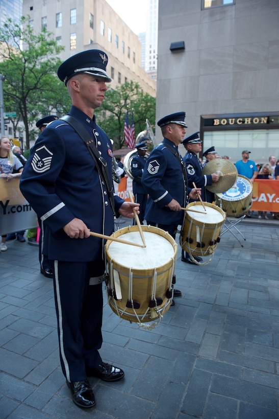 The Ceremonial Brass performed live on Rockefeller Plaza for NBC's The TODAY Show in New York City.  The July 4th performance featured Master Sergeant Tara Islas' arrangement of Strike Up The Band. (USAF Photo by Chief Master Sgt Bob Kamholz/released)