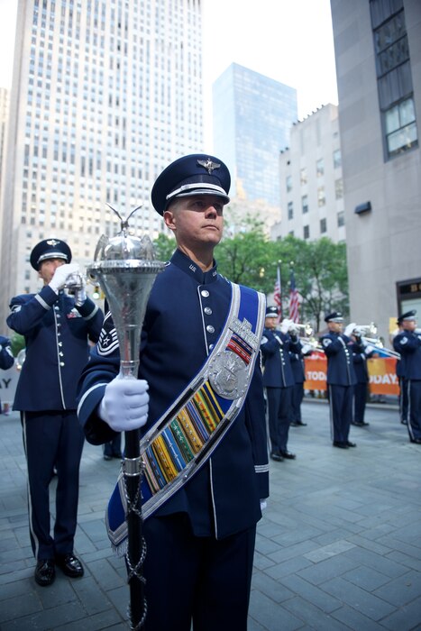 The Ceremonial Brass, led by Drum Major Senior Master Sergeant Daniel Valadie, performed live on Rockefeller Plaza for NBC's The TODAY Show in New York City.  The July 4th performance featured Master Sergeant Tara Islas' arrangement of Strike Up The Band. (USAF Photo by Chief Master Sgt Bob Kamholz/released)