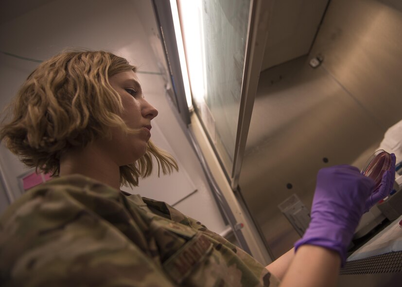 Staff Sgt. Megan Montagnino, 455th Expeditionary Medical Group non-commissioned officer in charge of microbiology and the blood bank, cultures a sample of cerebral spinal fluid, July 08, 2016, Bagram Airfield, Afghanistan. Montagnino cultured the sample to identify any organisms that might be in the patient’s spinal fluid. Once the organism is identified, the doctors at Craig-Joint Theater Hospital are able to prescribe medication to combat the organisms. (U.S. Air Force photo by Senior Airman Justyn M. Freeman)