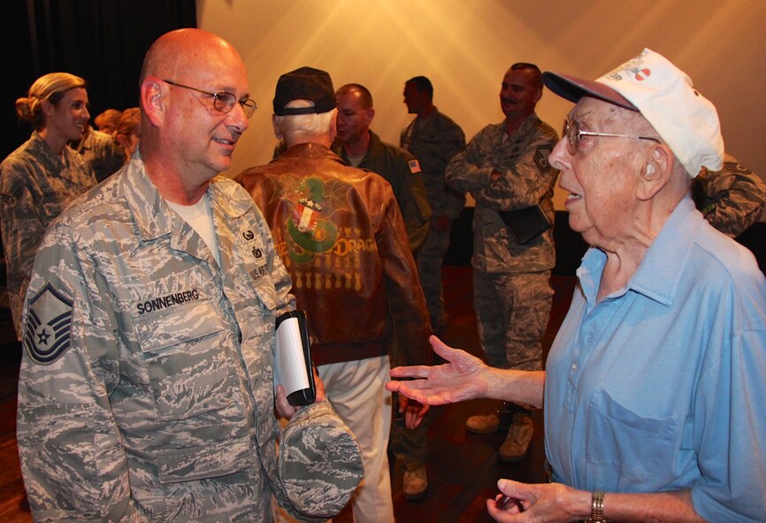 Master Sgt. Gerald Sonnenberg, 932nd Airlift Wing Historian, meets Don Miller, one of the World War II veterans who came to speak to the unit's professional development seminar on July 8, 2016.  Miller and three other WW II speakers were contacted by Lt. Col. Ralph DePalma and agreed to come share their historical experiences with the airmen in attendance.  (U.S. Air Force photo by Maj. Stan Paregien)