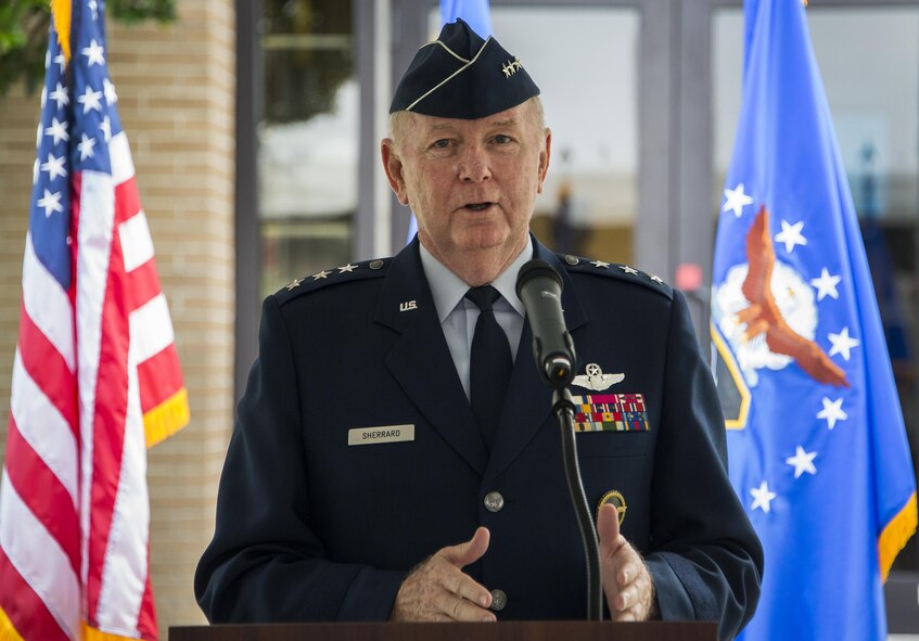Retired Lt. Gen. James Sherrard, speaks to the crowd at the wing headquarters building dedication ceremony at Duke Field, Fla., July 8.  The building was dedicated to the 919th’s founding member, retired Brig. Gen. Donald Haugen, who created the 919th Tactical Airlift Group in 1971.  (U.S. Air Force photo/Tech. Sgt. Sam King)