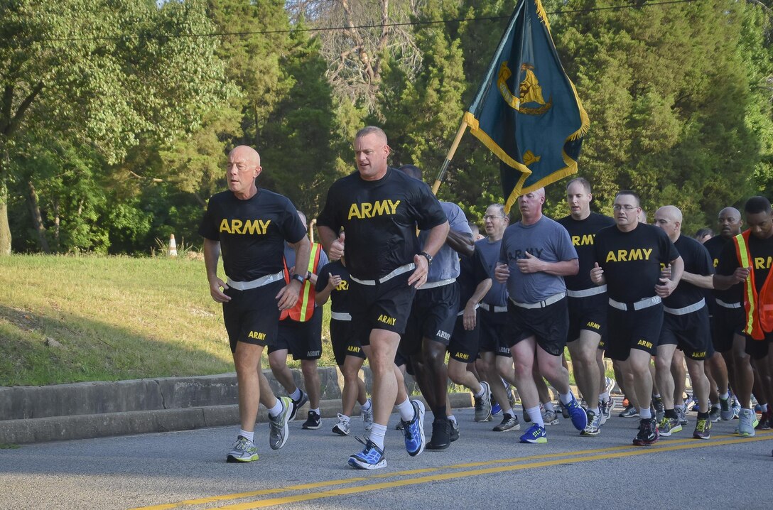 Lt. Gen. Charles D. Luckey, Chief of Army Reserve and U.S. Army Reserve Commanding General, and Brig. Gen. Robert D. Harter, director of Office of the Chief, Army Reserve, led Soldiers assigned to the Office of the Chief, Army Reserve, on a morning run at Fort Belvoir, Virginia, July 8, 2016.  As the Chief of Army Reserve and Commanding General, Luckey leads a community-based force of more than 200,000 Soldiers and Civilians with a “footprint” that includes 50 states, five territories, and more than 30 countries.  (U.S. Army photo by Master Sgt. Marisol Walker)