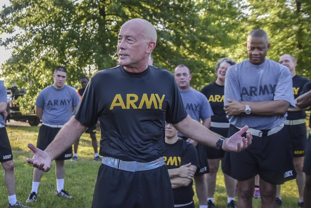 Lt. Gen. Charles D. Luckey, Chief of Army Reserve and U.S. Army Reserve Commanding General,   talks to Soldiers assigned to the Office of the Chief, Army Reserve, after a morning run at Fort Belvoir, Virginia, July 8, 2016.  Luckey assumed duty as the Chief of Army Reserve and Commanding General, on June 30, 2016 and now leads a community-based force of more than 200,000 Soldiers and Civilians with a “footprint” that includes 50 states, five territories, and more than 30 countries.  (U.S. Army photo by Master Sgt. Marisol Walker)