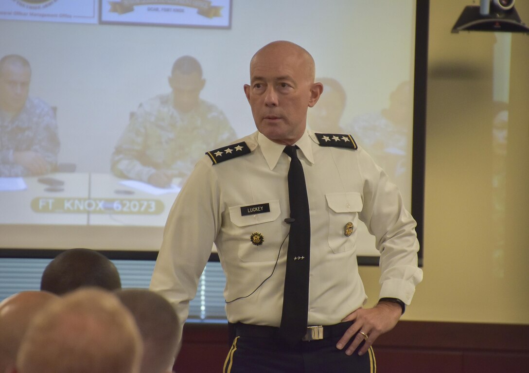 Lt. Gen. Charles D. Luckey, Chief of Army Reserve and U.S. Army Reserve Commanding General,   holds a townhall for Soldiers assigned to the Office of the Chief, Army Reserve at Fort Belvoir, Virginia, July 8, 2016.  Luckey assumed duty as the Chief of Army Reserve and Commanding General, on June 30, 2016 and now leads a community-based force of more than 200,000 Soldiers and Civilians with a “footprint” that includes 50 states, five territories, and more than 30 countries.  (U.S. Army photo by Master Sgt. Marisol Walker)