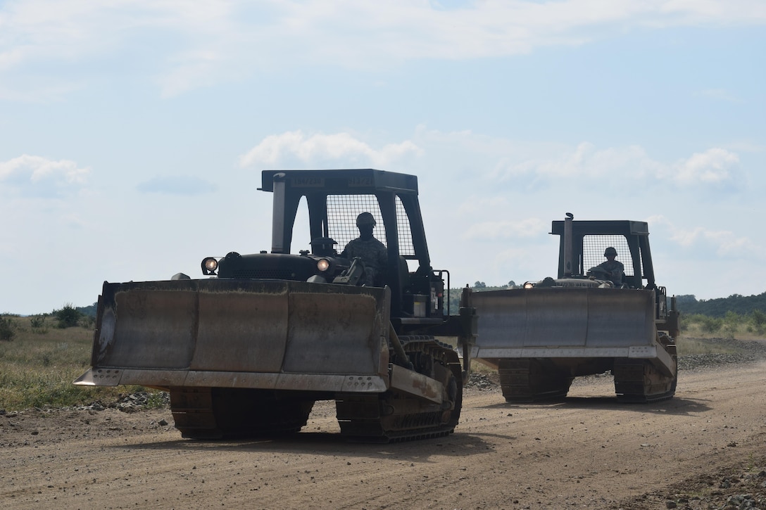 841st Engineer Battalion, U.S. Army Reserve arrive to Novo Selo Training Area, Bulgaria construction site on June 30, 2016 during Operation Resolute Castle 16. (U.S. Army Photo by 1st Lt. Matthew Gilbert, 194th Engineer Brigade, Tennessee Army National Guard)