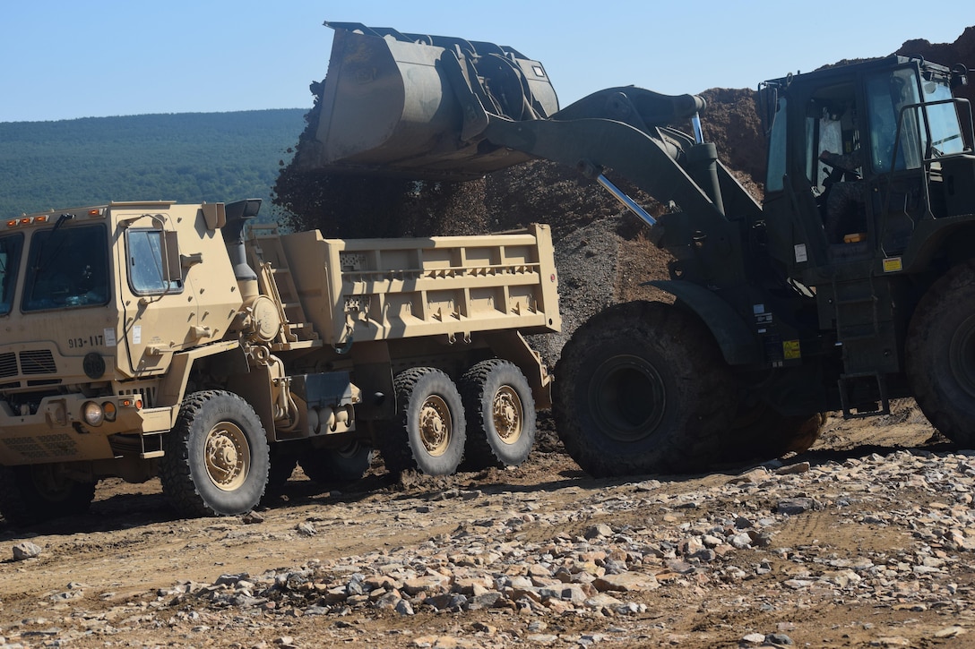 841st Engineer Battalion, U.S. Army Reserve arrive to Novo Selo Training Area, Bulgaria construction site on June 30, 2016 during Operation Resolute Castle 16. (U.S. Army Photo by 1st Lt. Matthew Gilbert, 194th Engineer Brigade, Tennessee Army National Guard)