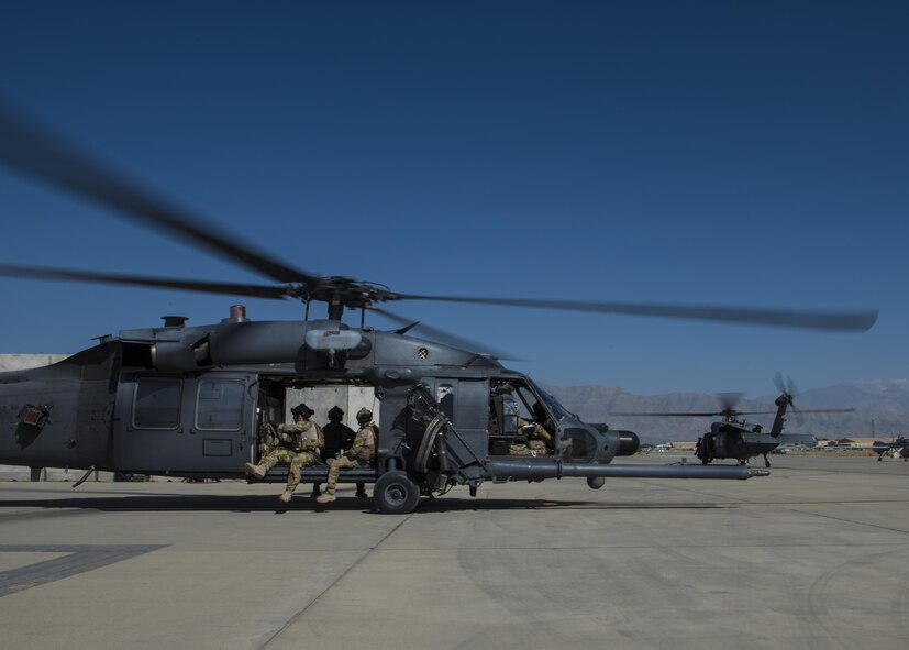 Airmen from the 83rd Expeditionary Rescue Squadron taxi out on HH-60G Pave Hawks, June 09, 2016, Bagram Airfield, Afghanistan. Members of the 83rd ERQS participated in a personnel recovery exercise in order to maintain proficiency. (U.S. Air Force photo by Senior Airman Justyn M. Freeman)