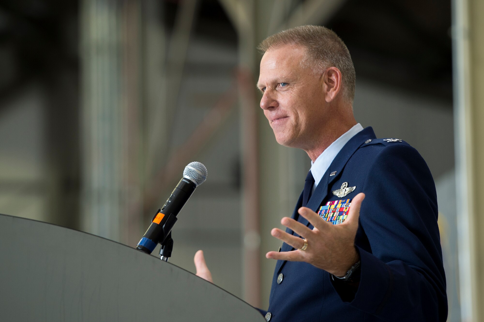 Col. Larry Shaw, 434th Air Refueling Wing commander, addresses the Airmen he now commands shortly after taking command of the unit at Grissom Air Reserve, Base, Ind., July 9, 2016. Prior to returning to Grissom, Shaw was the Deputy Director of Air, Space and Information Operations at Headquarters Air Force Reserve Command, Robins Air Force Base, Georgia. (U.S. Air Force Photo/ Tech. Sgt. Benjamin Mota)  