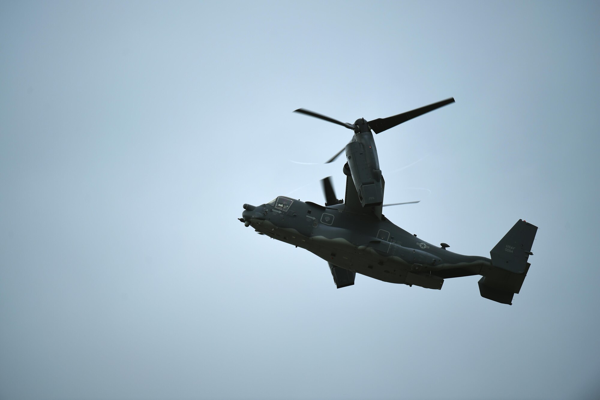 A CV-22 Osprey from RAF Mildenhall, demonstrates it ability to transition from vertical to horizontal flight during the 2016 Royal International Air Tattoo, hosted on RAF Fairford, United Kingdom, July 8-10, 2016. RIAT 16 afforded an opportunity for new aircraft, like the F-35 Lightning II, to be displayed alongside crowd favorites and provided a weekend of fun and entertainment for the projected 160,000 visitors. (U.S. Air Force photo by Airman 1st Class Zachary Bumpus/Released)