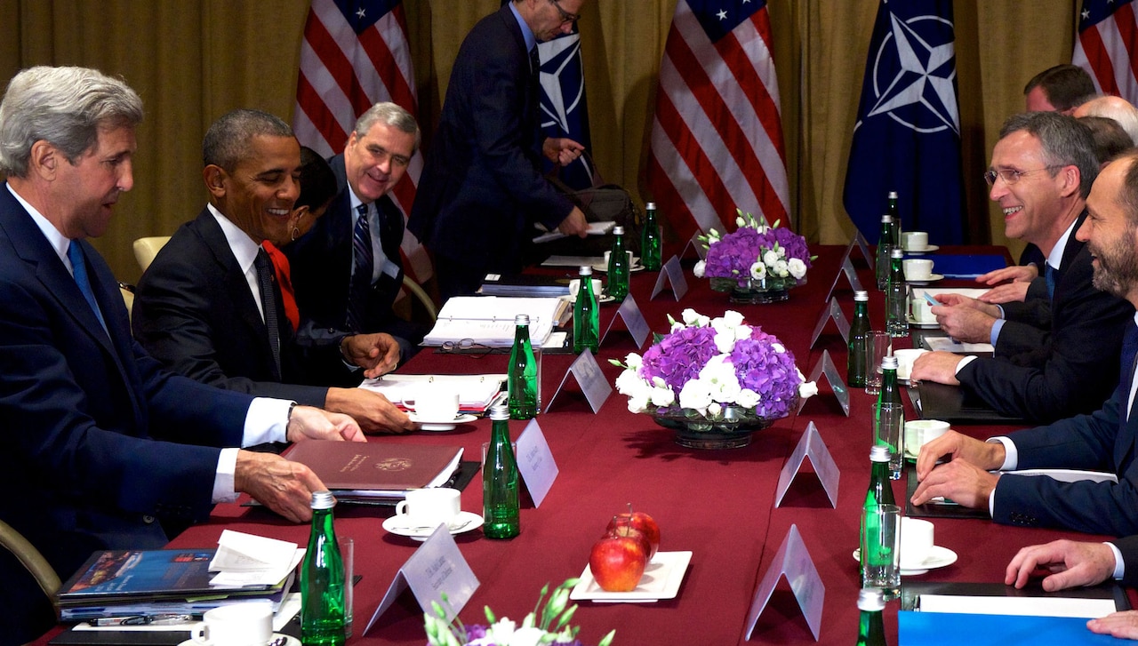 President Barack Obama meets with NATO Secretary-General Jens Stoltenberg and other officials at the NATO Summit in Warsaw, Poland, July 9, 2016. NATO photo