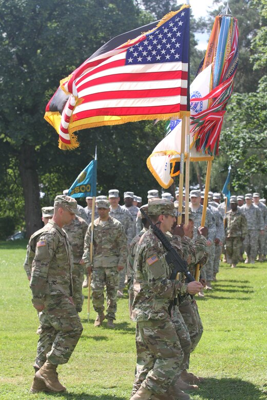 KAISERSLAUTERN, Germany- The color guard marches during pass in review during the 7th Mission Support Command’s change of command ceremony. The 7th MSC welcomed the new commander Brig. Gen. Steven W. Ainsworth in a review parade during the ceremony held at NCO Parade Field at Daenner Kaserne on July 9, 2016. (U.S. Army photo by Sgt. Daniel J. Friedberg, 7th Mission Support Command Public Affairs Office)