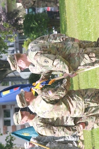 KAISERSLAUTERN, Germany-Maj. Gen. Duane Gamble, commanding general of the 21st Theater Sustainment Command (right) passes the 7th Mission Support Command guideon to Brig. Gen. Steven Ainsworth, the incoming commanding general of the 7th MSC  during the 7th MSC change of command ceremony Saturday, July 9, 2016 on Daenner Kaserne.