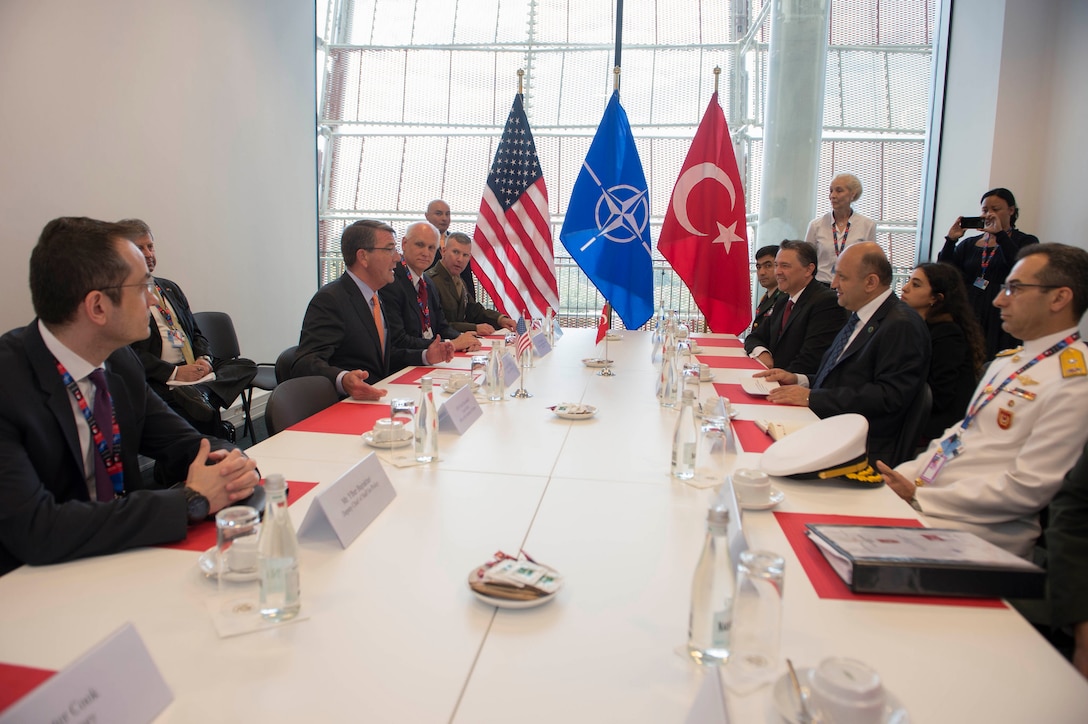 Defense Secretary Ash Carter, second from left, meets with Turkish Defense Minister Vecdi Gonul, second from right, at the NATO Summit in Warsaw, Poland, July 9, 2016. DoD photo by Navy Petty Officer 1st Class Tim D. Godbee