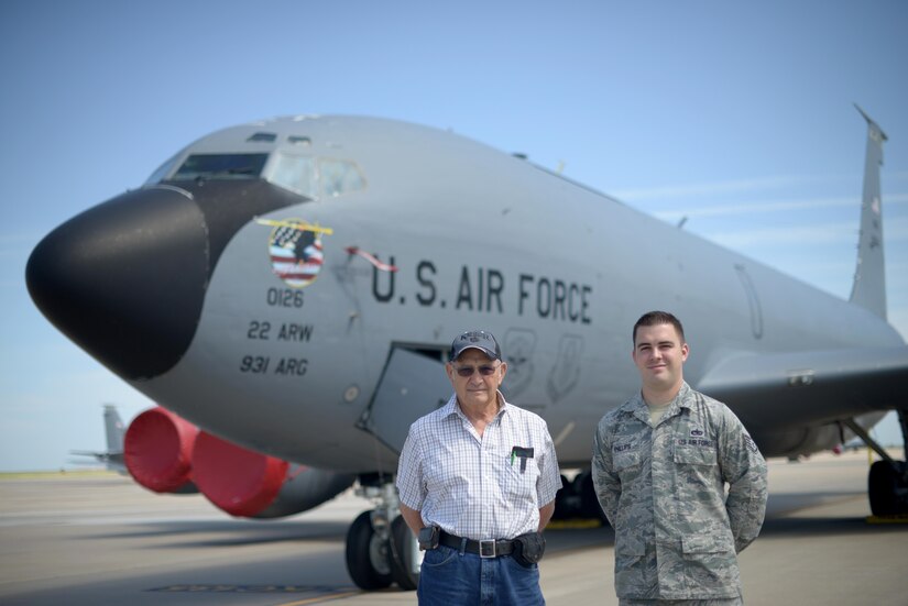 Air Force Staff Sgt. Austin Phillips, the 22nd Maintenance Squadron wheel and tire section chief, right, poses with his grandfather, retired Air Force Staff Sgt. Raymond Hopper, in front of a KC-135 Stratotanker at McConnell Air Force Base, Kan., June 25, 2016. Phillips is assigned to the KC-135, one of the same airframes his grandfather worked on nearly 60 years before. Air Force photo by Airman 1st Class Christopher Thornbury