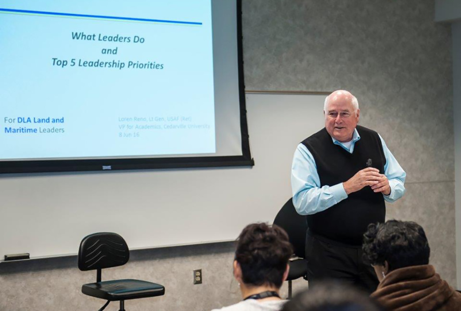 Former Defense Logistics Agency Vice Director Lt. Gen. (Ret.) Loren Reno shares his experiences with a group of associates in the Level I Mentoring Program. The program instructs associates in areas such as emotional intelligence, behavior based interviewing, stress management and how to conduct meetings.  
