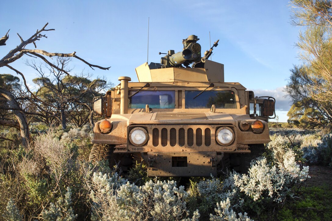 Marines strategically position their Humvee during Exercise Hamel at the Cultana Training Area in Australia, July 8, 2016. Marine Corps photo by Cpl. Carlos Cruz Jr.