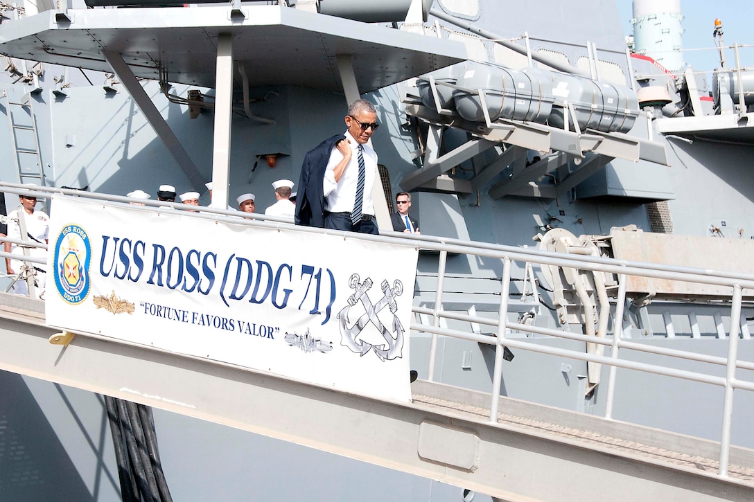 President Barack Obama departs the USS Ross after a tour aboard the ship at Naval Station Rota, Spain, July 10, 2016. Navy photo by Petty Officer 1st Class Brian Dietrick