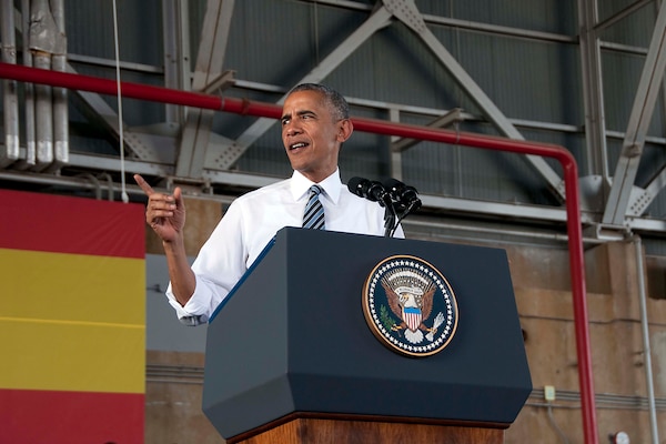 President Barack Obama speaks to U.S. and Spanish service members and their families during his visit to Naval Station Rota, Spain, July 10, 2016. Navy photo by Petty Officer 1st Class Brian Dietrick