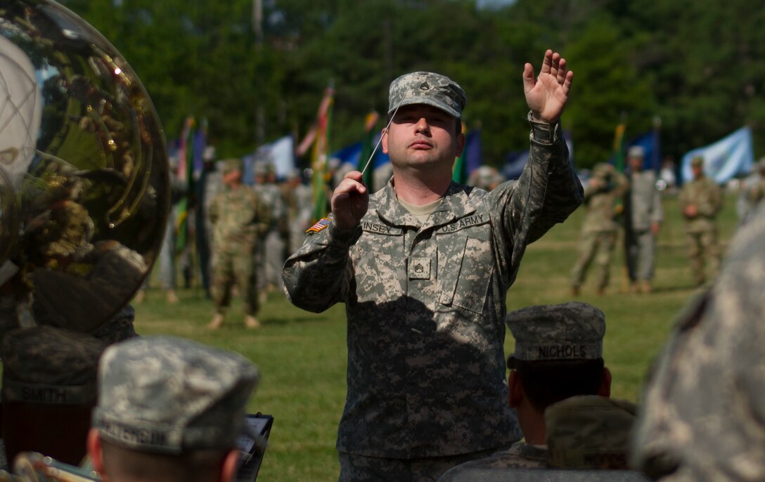 The 308th Army Band out of Richmond, Va., plays prelude music before the start of Maj. Gen. Phillip M. Churn’s relinquishment of command ceremony for the 200th Military Police Command at the McGlachlin Parade Field, on Fort Meade, Md., July 10, 2016.  Approximately 200 Soldiers from the command’s subordinate units attended the ceremony and Lieutenant General Charles D. Luckey, chief of the Army Reserve and commanding general of the United States Army Reserve Command, was the reviewing official. (U.S. Army Photo by Sgt. Audrey Hayes)