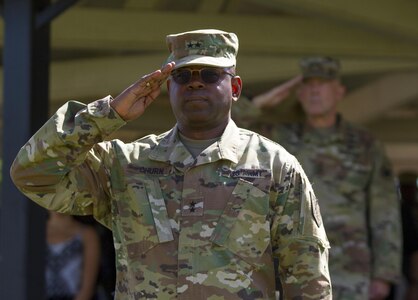 Maj. Gen. Phillip M. Churn, the commanding general for the 200th Military Police Command, renders a salute during his relinquishment of command ceremony at the McGlachlin Parade Field, on Fort Meade, Md., July 10,2016.  Approximately 200 Soldiers from the command’s subordinate units attended the ceremony and Lieutenant General Charles D. Luckey, chief of the Army Reserve and commanding general of the United States Army Reserve Command, was the reviewing official. (U.S. Army Photo by Sgt. Audrey Hayes)