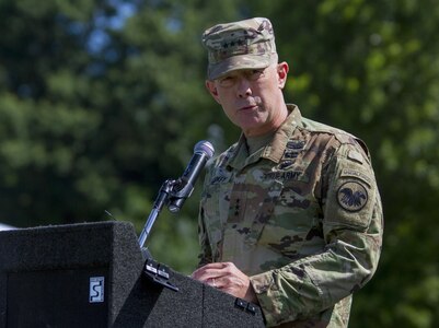 Lieutenant General Charles. D Luckey, chief of the Army Reserve and commanding general of the United States Army Reserve Command, gives a speech at Maj. Gen. Phillip M. Churn’s relinquishment of command ceremony at the McGlachlin Parade Field, on Fort Meade, Md., July 10, 2016.  Approximately 200 Soldiers from the command’s subordinate units attended the ceremony.  (U.S. Army photo by Sgt. Audrey Hayes)