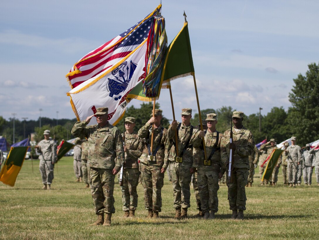 Col. David W. Dinenna (left), the training and operations assistant chief of staff for the 200th Military Police Command, presents the formation during the 200th MP Cmd’s relinquishment of command ceremony at the McGlachlin Parade Field, at Fort Meade, Md., July 10, 2016. Lieutenant General Charles D. Luckey, chief of the Army Reserve and commanding general of the United States Army Reserve Command, was the reviewing official for the ceremony, in which Maj. Gen. Phillip M. Churn relinquished command to Brig. Gen. Marion Garcia.  (U.S. Army photo by Spc. Stephanie Ramirez)