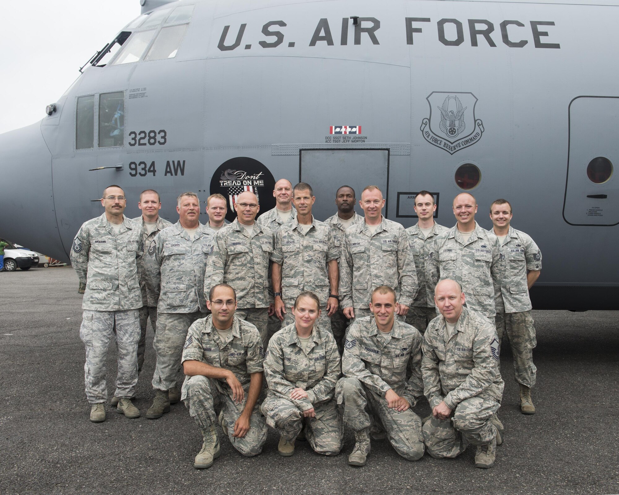 Maintainers from the 934th Airlift Wing pose in front of one of their C-130s during Exercise Central Accord in Libreville, Gabon, Africa June 23. 