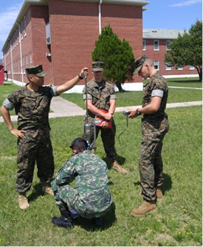 On July 7, 2016 students attached to Combat Engineer Officer course 7-16 (CEO 7-16) learn to use the Dynamic Cone Penetrometer instrument to assess the situ strength of undisturbed soil and compacted materials during a soil bearing capacity practical application. Pictured from left to right: Second Lieutenant Philip Coralde, First Lieutenant Teomotio Amaral Fernandes from East Timor, Second Lieutenant Spencer Lamb, and Second Lieutenant Zachary Gehl.
