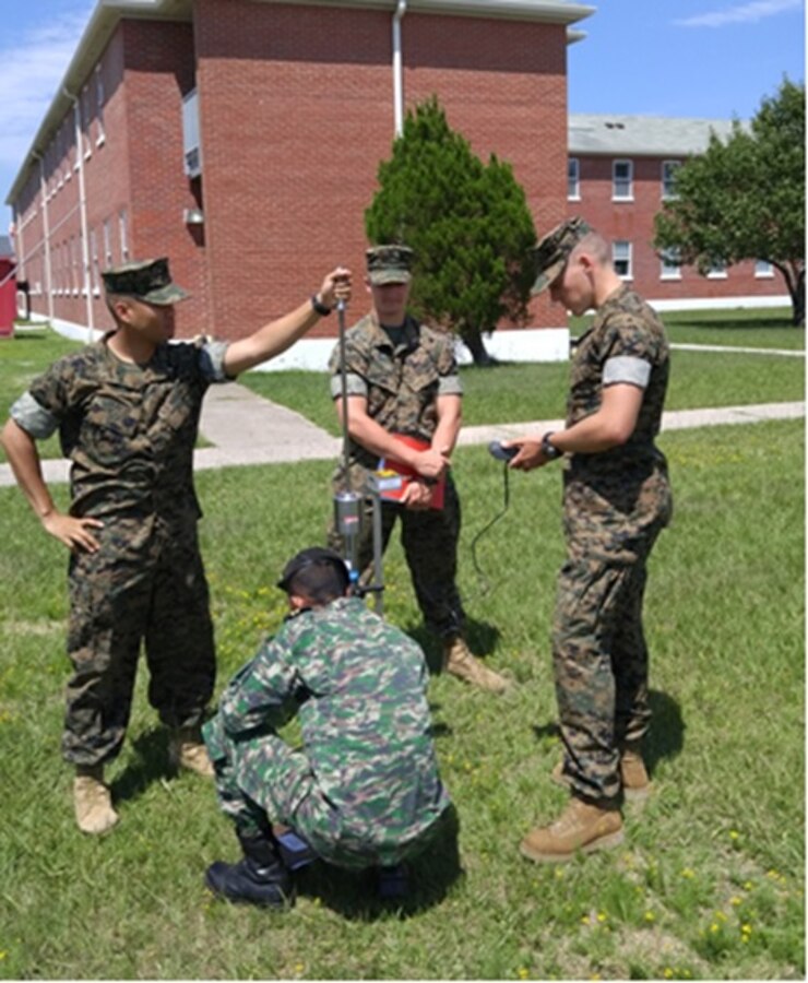 On July 7, 2016 students attached to Combat Engineer Officer course 7-16 (CEO 7-16) learn to use the Dynamic Cone Penetrometer instrument to assess the situ strength of undisturbed soil and compacted materials during a soil bearing capacity practical application. Pictured from left to right: Second Lieutenant Philip Coralde, First Lieutenant Teomotio Amaral Fernandes from East Timor, Second Lieutenant Spencer Lamb, and Second Lieutenant Zachary Gehl.
