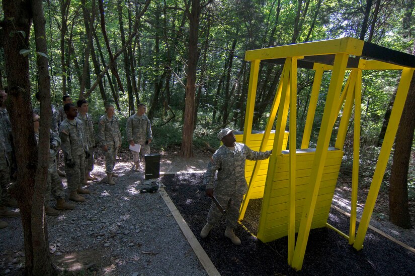 Army Reserve Staff Sgt. Vanqualis N. Battles, native of Greensboro, Florida, and Task Force Wolf instructor from Bravo Company, 4th Regiment of the 518th Training Support Battalion, 104th Training Division (LT), mentors Cadet Initial Entry Training (CIET) candidates on  the Wall Banger, the third obstacle on the Field Leaders Reaction Course (FLRC), during Cadet Summer Training (CST16), at Ft. Knox, Kentucky June 25. (U.S. Army Reserve photo by Sgt. Karen Sampson/ Released)