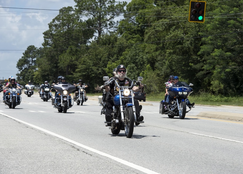 Motorcyclists ride in a motorcade as part of a memorial to remember U.S. Air Force Tech. Sgt. Lee “Blaster” Fulp, July 9, 2016, in Valdosta, Ga. This is the second annual memorial ride in Fulp’s honor which started in Valdosta, and ended at Fulp’s grave site in Cecil, Ga. (U.S. Air Force photo by Airman 1st Class Janiqua P. Robinson/Released)