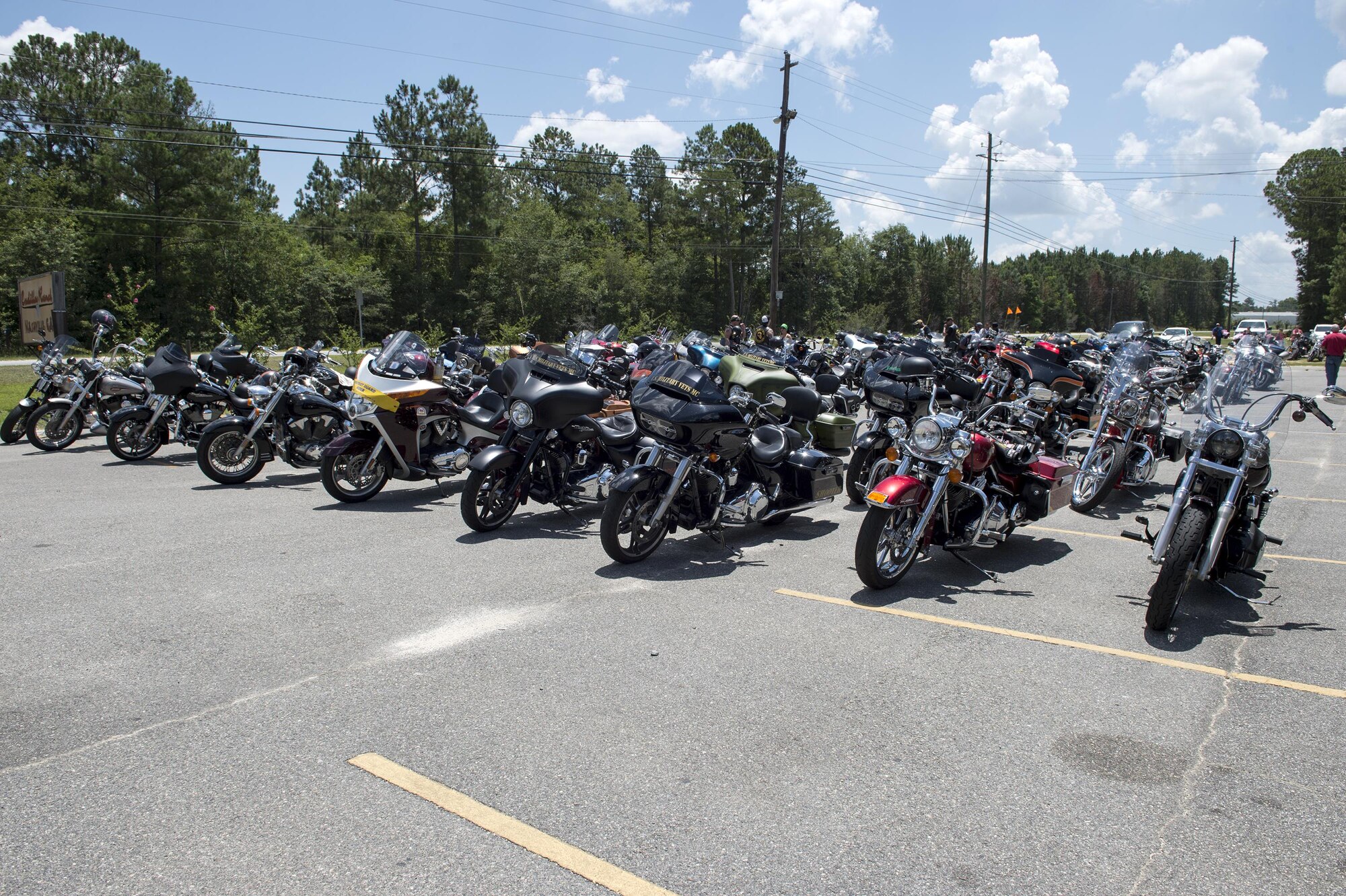 Parked motorcycles sit outside prior to a memorial ride in honor of U.S. Air Force Tech. Sgt. Lee “Blaster” Fulp, July 9, 2016, in Nashville, Ga. This is the second annual memorial ride for Fulp, who was assigned to the 93d Air Ground Operations Wing, when he passed away in a motorcycle accident, July 11, 2015. (U.S. Air Force photo by Airman 1st Class Janiqua P. Robinson/Released)