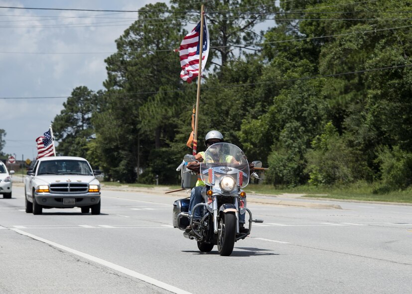 Motorcyclists ride in a motorcade as part of a memorial to remember U.S. Air of Tech. Sgt. Lee “Blaster” Fulp, July 9, 2016, in Valdosta, Ga. The Combat Veterans Motorcycle Association’s 25-5 chapter organized the event in honor of Fulp, who was an active member.  (U.S. Air Force photo by Airman 1st Class Janiqua P. Robinson/Released)