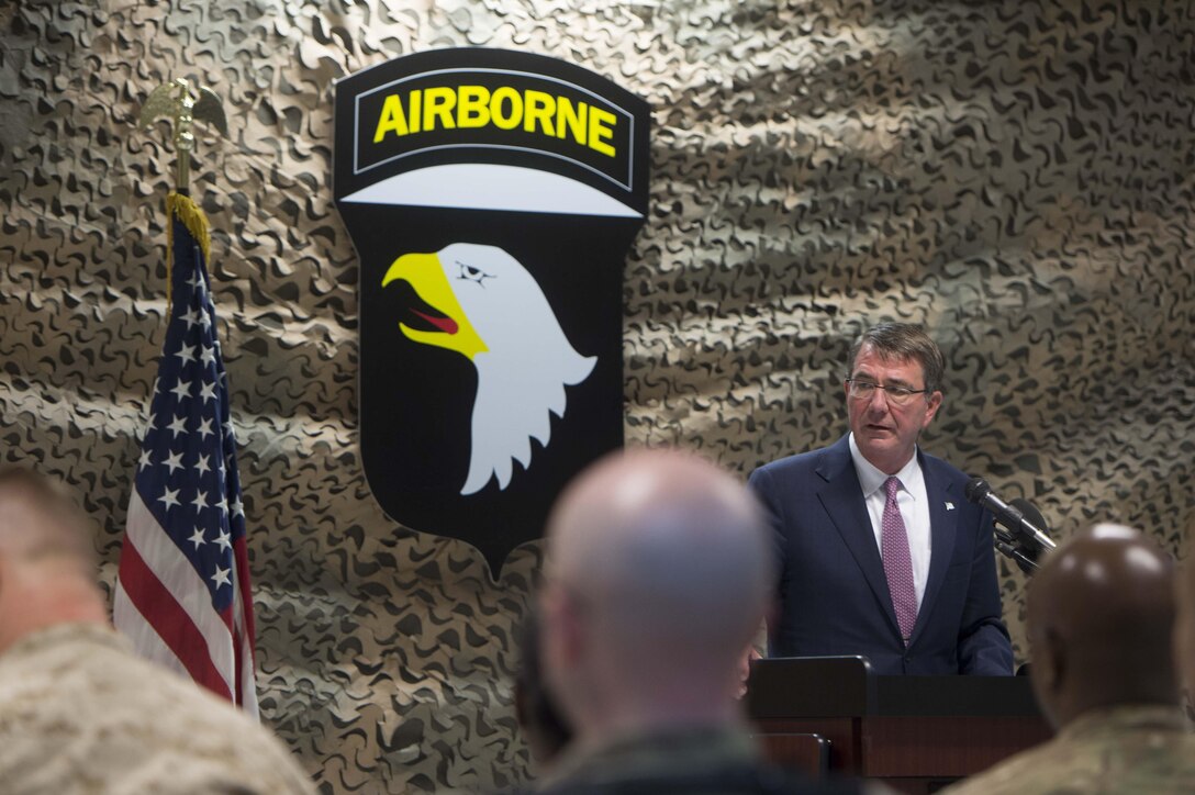 Defense Secretary Ash Carter speaks with service members during a troop event in Baghdad, July 11, 2016. DoD photo by Navy Petty Officer 1st Class Tim D. Godbee