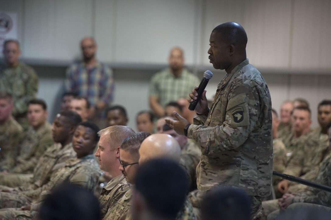 A U.S. soldier asks Defense Secretary Ash Carter a question during a troop event in Baghdad, July 11, 2016. DoD photo by Navy Petty Officer 1st Class Tim D. Godbee