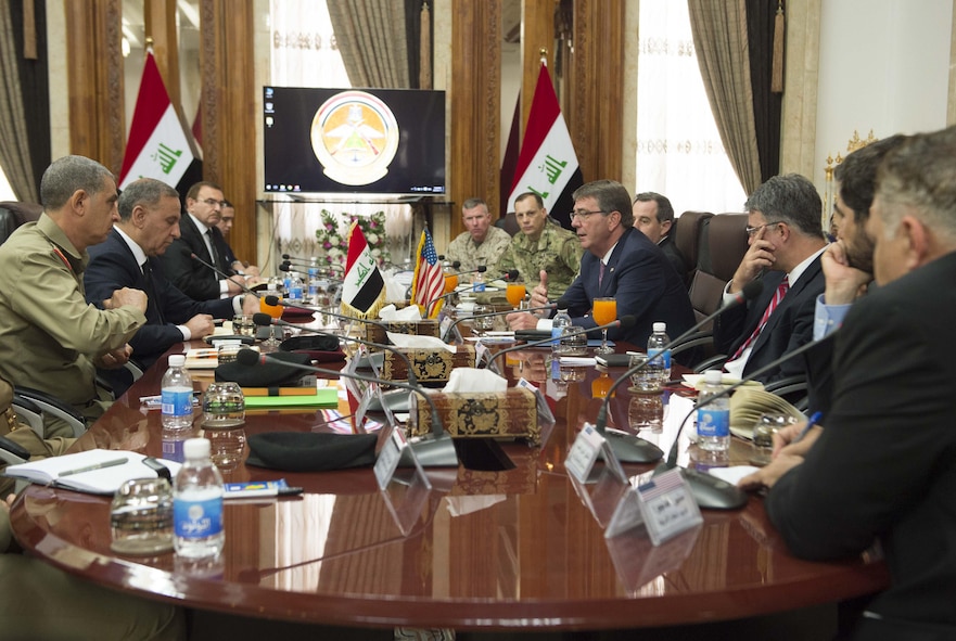Defense Secretary Ash Carter, center right, meets with Iraqi Defense Minister Khaled al-Obeidi, second from left