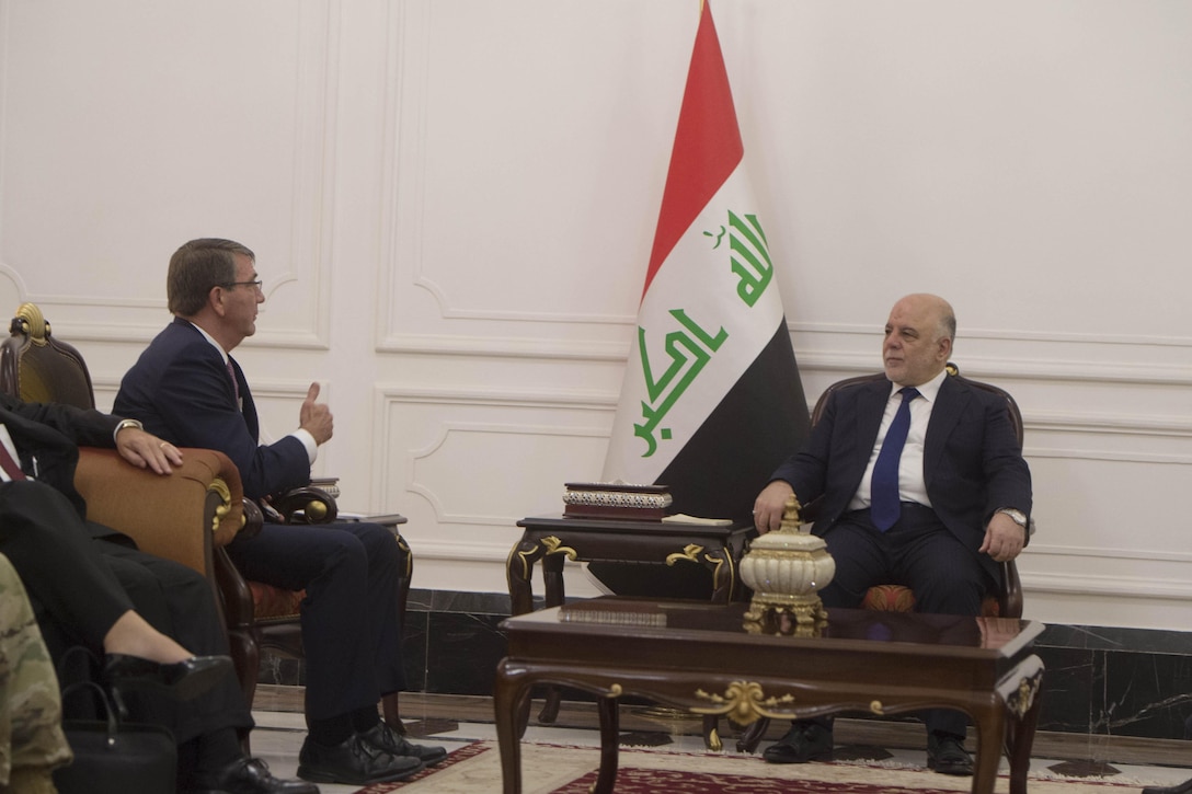 Defense Secretary Ash Carter meets with Iraqi Prime Minister Haider al-Abadi in Baghdad, July 11, 2016. Carter is in Iraq to meet with government and military leaders about Operation Inherent Resolve. DoD photo by Navy Petty Officer 1st Class Tim D. Godbee