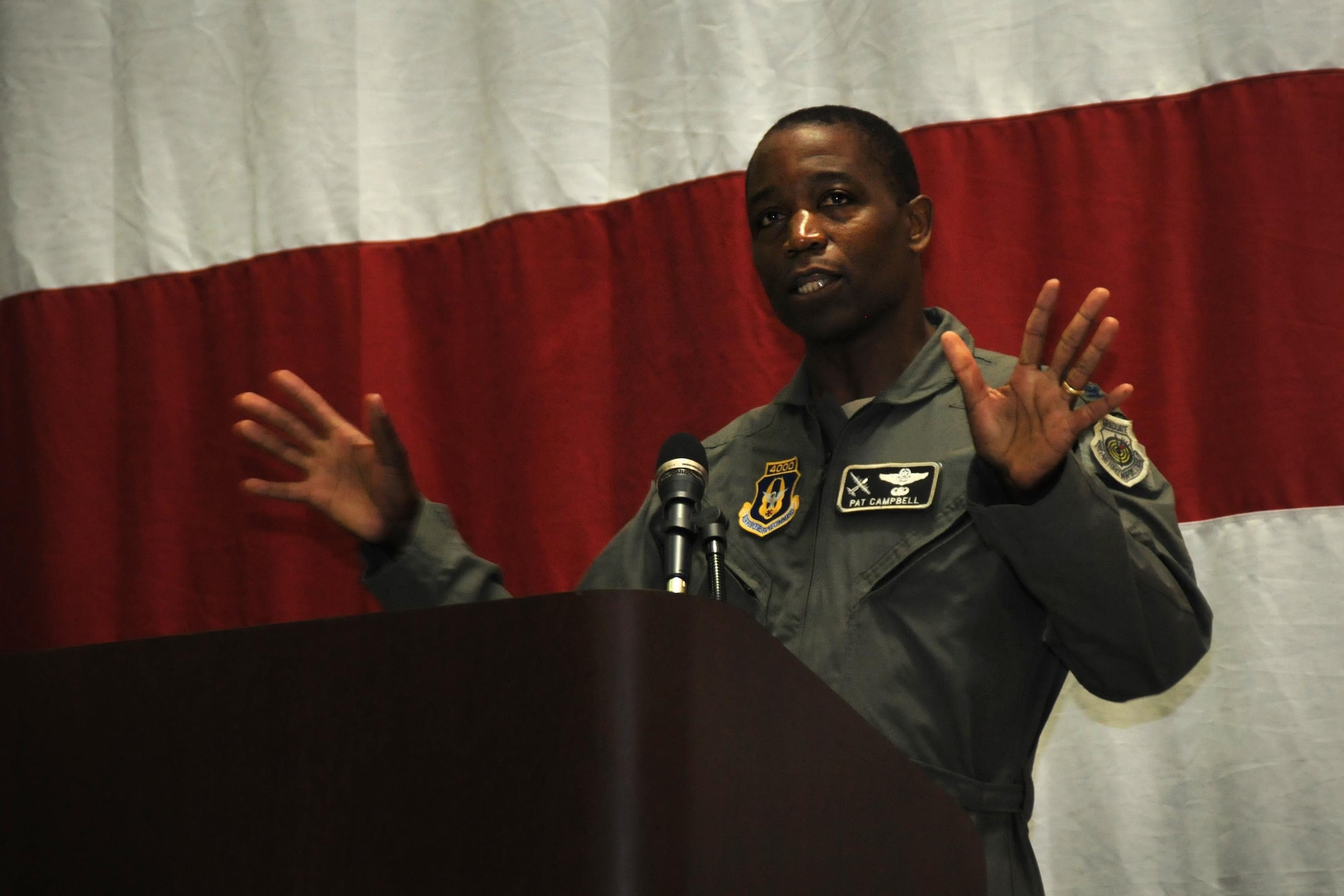 Col. Patrick Campbell addresses guests of a change of command ceremony at Dobbins Air Reserve Base, Georgia on July 10. Campbell formally assumed command of the 94th Operations Group during the event. (U.S. Air Force photo by Staff Sgt. Alan Abernethy)