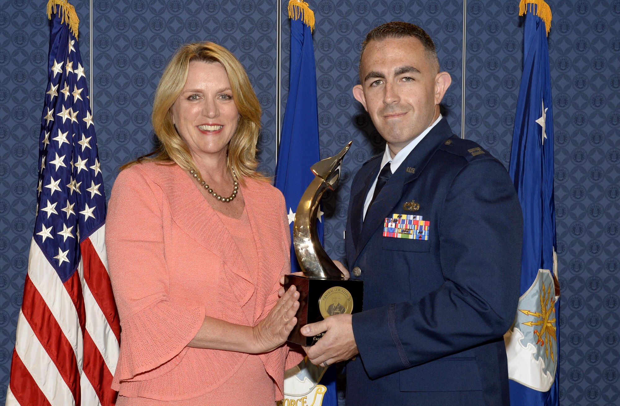 Capt. Jonathan Shepard, the 4th Aircraft Maintenance Squadron aircraft maintenance unit officer in charge at Seymour Johnson Air Force Base, North Carolina, was the cornerstone for supporting 18 F-15E Strike Eagles deployed to Southwest Asia. During the deployment, he supported a 72-hour close air support surge which drove enemy forces from Kobani and Diyala and provided protection for 44,000 Kurdish civilians. He also guided hurricane evacuation operations, preparing and launching 12 F-15Es less than two and a half hours after notification and safely secured $660 million in fleet assets. (U.S. Air Force photo/Andy Morataya)